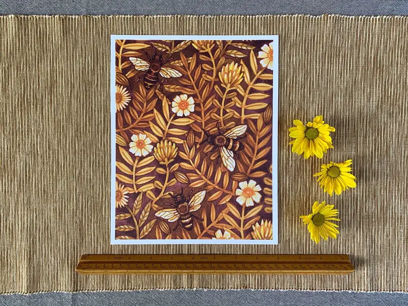 Adrienne Langer Botanical Art Print Featuring Honey Bees And Wildflowers 1