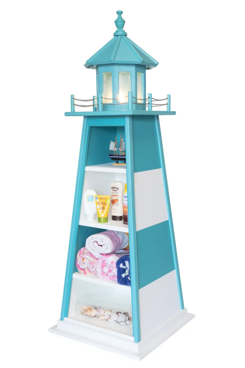Aruba Blue & White Poly Lighthouse Shelf – 5-Foot Coastal Garden Display 1