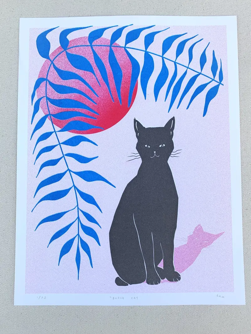 Black Cat Risograph Print – Moody Monochrome Artwork By Stitch Prism 1
