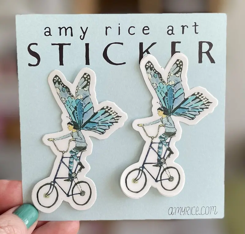 Butterfly On A Tall Bike Illustrated Sticker By Amy Rice 1