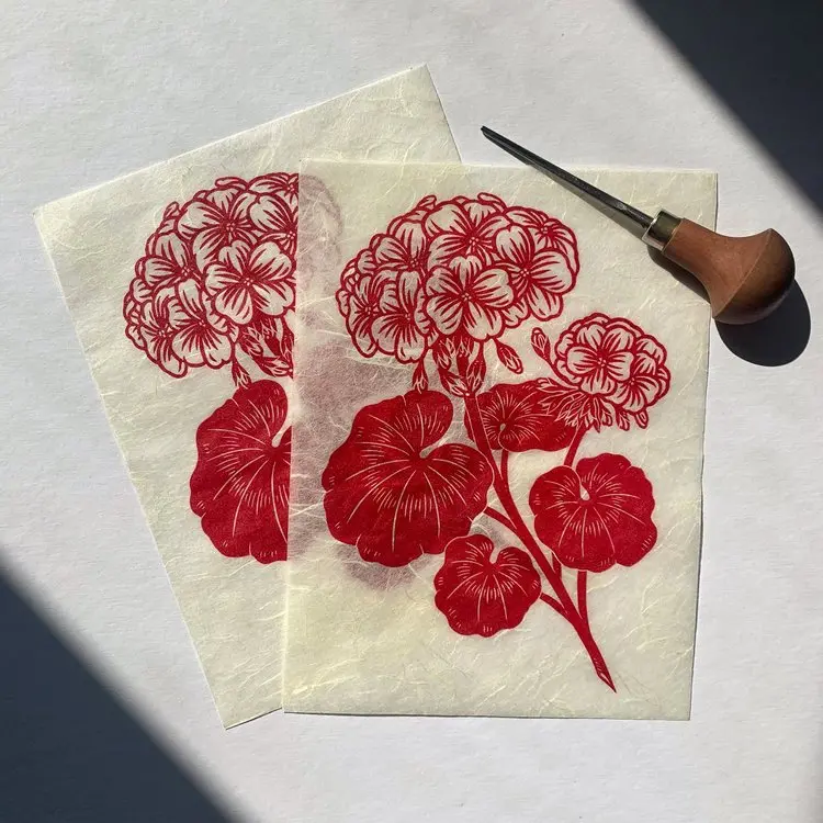 Geraniums Linocut Print – Botanical Relief Artwork By Huiyi Kuo 1