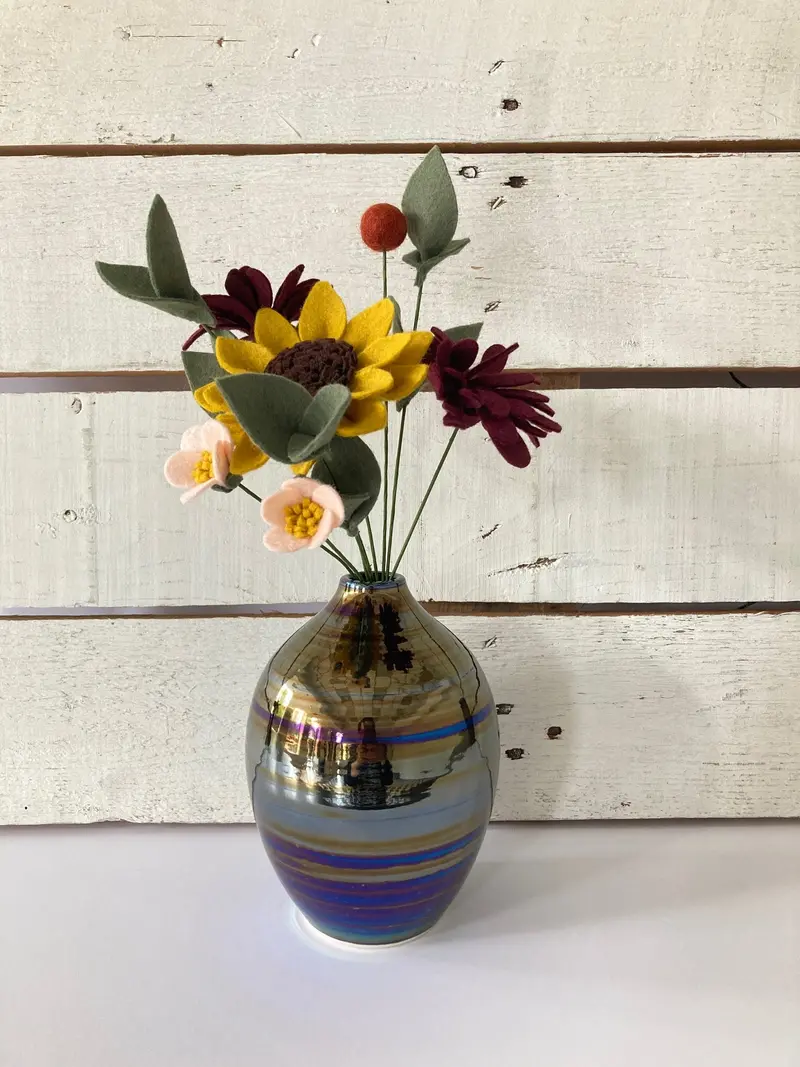 Glossy Black Round Vase With Medium Floral Bouquet — Seasonal Pairing 1