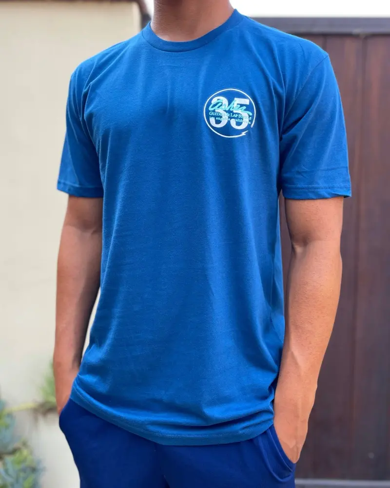 New Asher Guitars Men’S The Logo T-Shirt – 100% Cotton, Ocean Blue Colorway 1