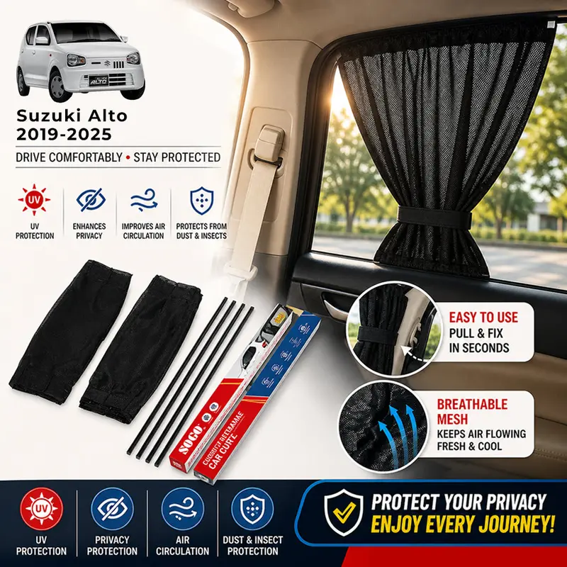 Sogo Retractable Sun Shades For Suzuki Alto (2019–2025) – Compact Sliding Rail Design 1