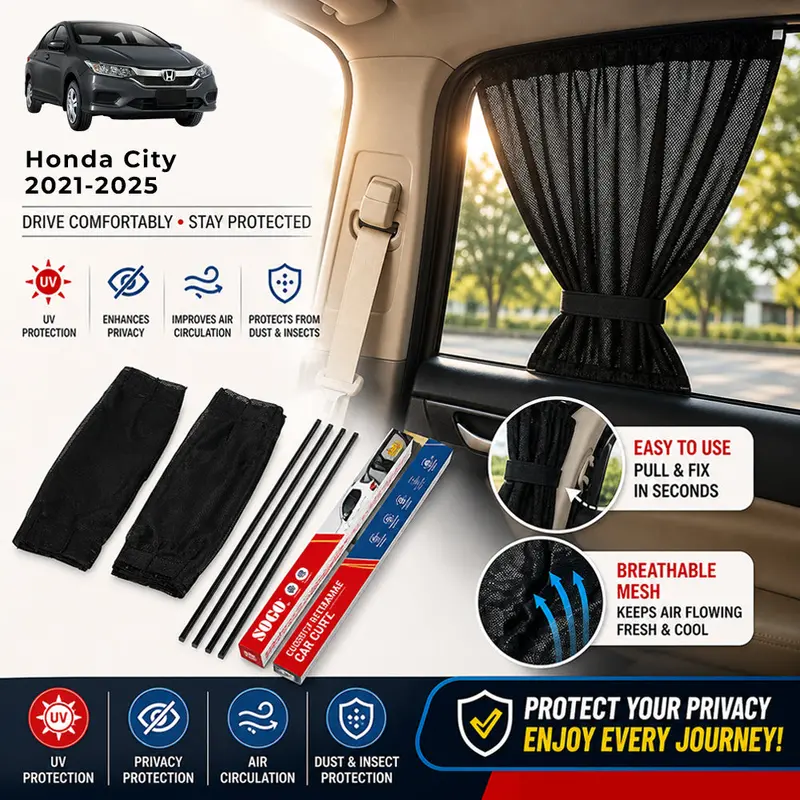 Sogo Retractable Window Curtains For Honda City (2021–2025) – Exact-Fit Sliding Rail Kit 1