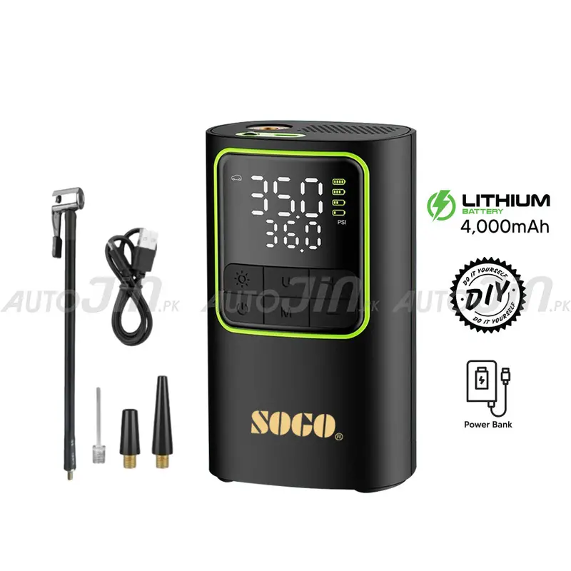 Sogo Wireless Rechargeable Tire Inflator With Digital Display & Led Light – 4000Mah Power Bank (Model S-444) 1