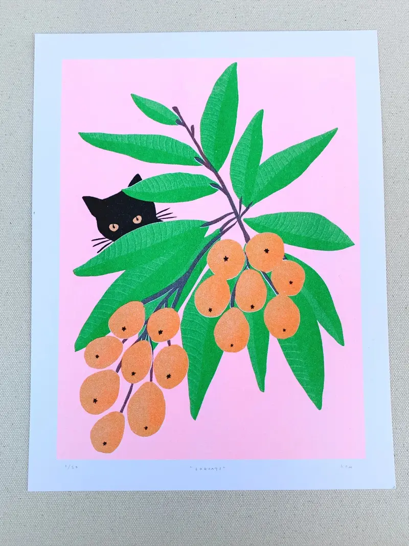 Stitch Prism 'Momo In Loquats' Risograph Art Print 1