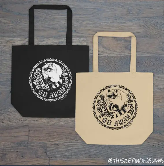 Thistle Finch 'Go Away' Raccoon Design Canvas Tote Bag 1