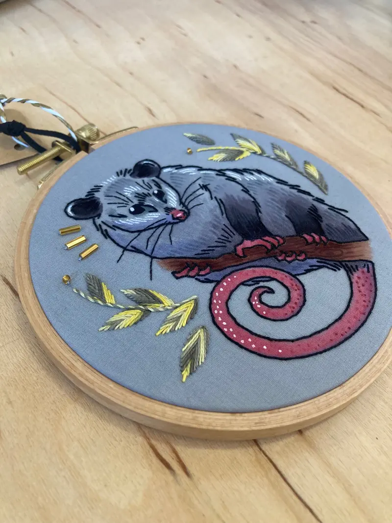 Thistle Finch Opossum Embroidery Art Hoop 1