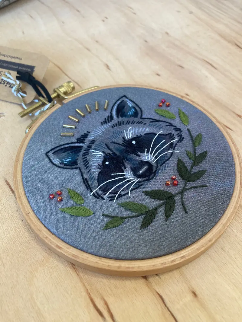 Thistle Finch Raccoon Embroidery Art Hoop 1