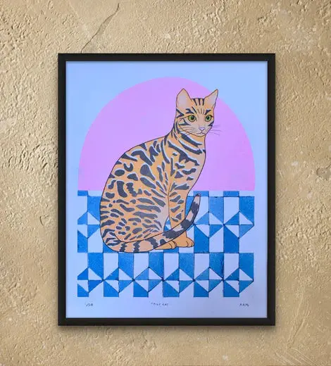 Tile Cat Risograph Art Print By Stitchprism 1