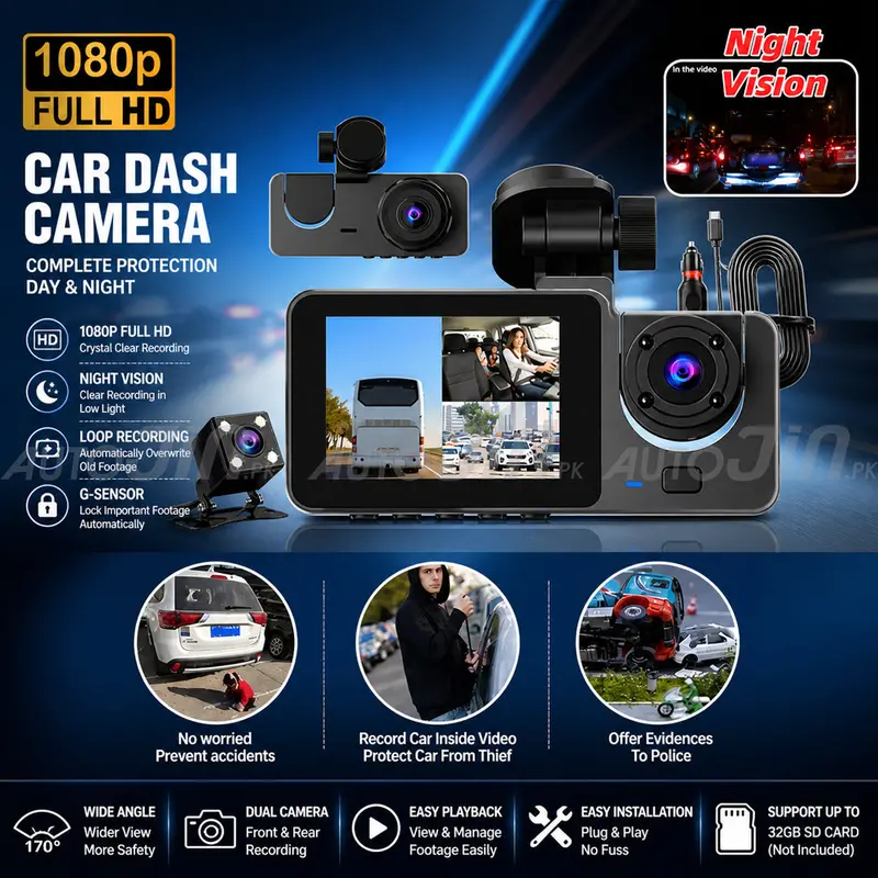 Triple-Lens Dash Cam With Front, Interior, And Rear Dvr Recording 1